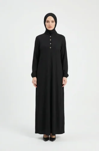 Robe Sobre à Col Mandarin Côtelé Et Boutons 2230-02 Noire 2230-02