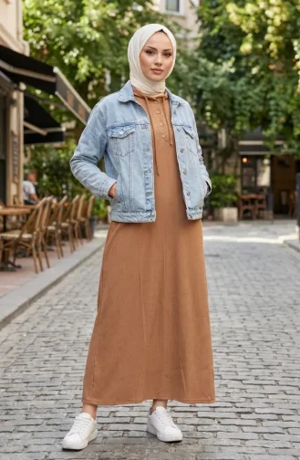 Robe Hijab Côtelée à Boutons 2231-01 Café Au Lait 2231-01