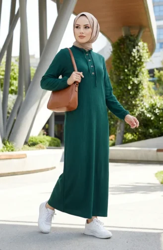 Robe Hijab Côtelée à Boutons 2231-02 Vert émeraude 2231-02