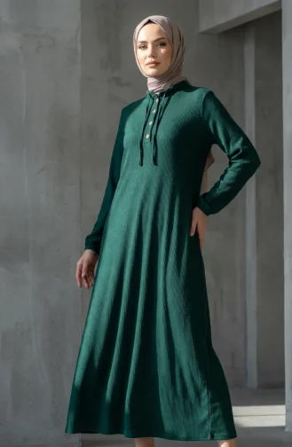 Robe Hijab Côtelée à Boutons 2231-02 Vert émeraude 2231-02