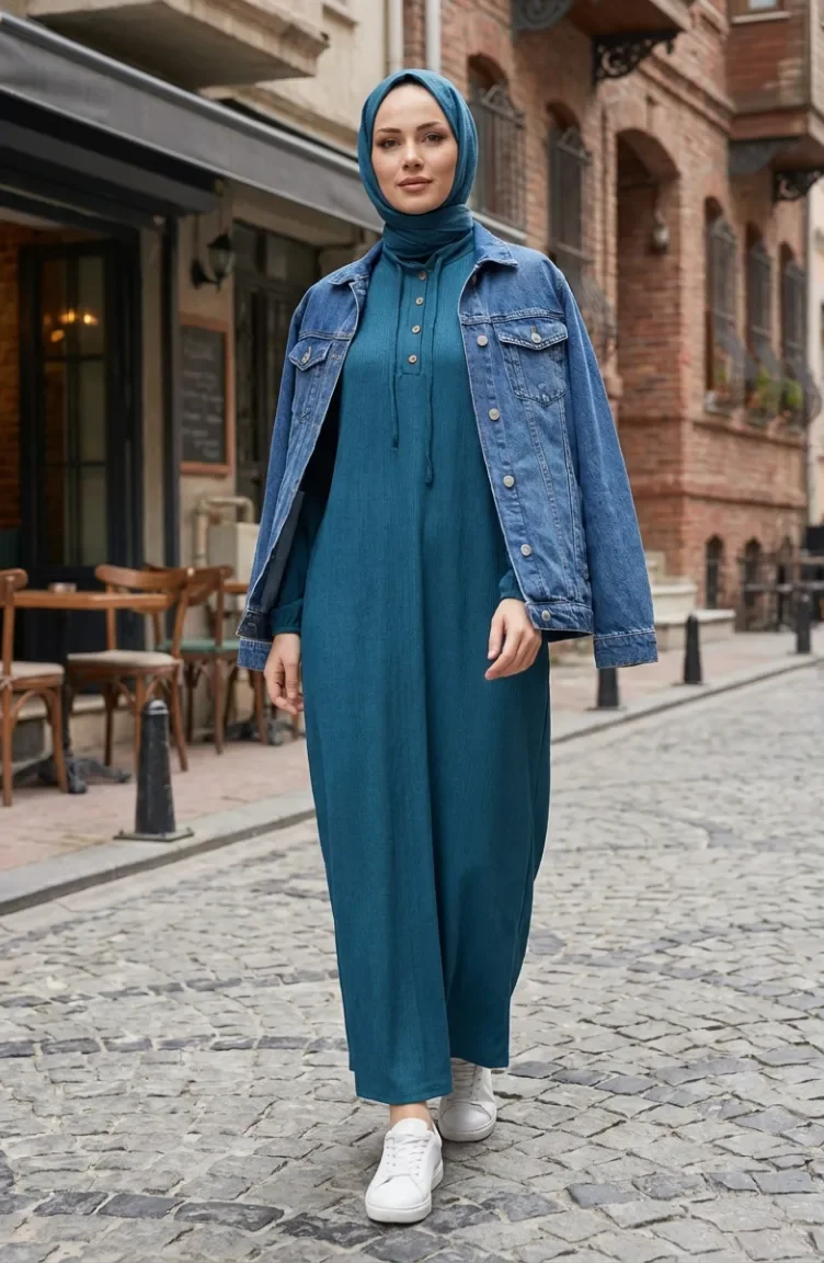 Robe Hijab Côtelée à Boutons 2231-03 Pétrole 2231-03
