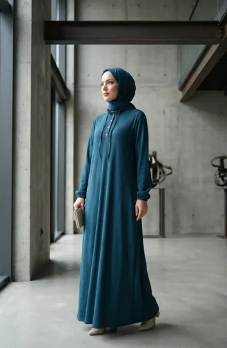 Robe Hijab Côtelée à Boutons 2231-03 Pétrole 2231-03