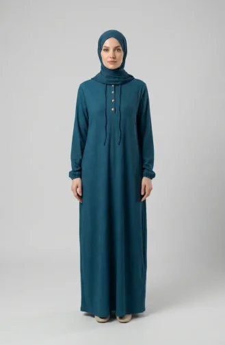 Robe Hijab Côtelée à Boutons 2231-03 Pétrole 2231-03