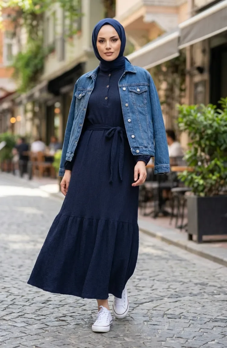 Robe Hijab Ceinturée En Crêpe Bleu Marine 2236-01 2236-01