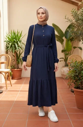 Robe Hijab Ceinturée En Crêpe Bleu Marine 2236-01 2236-01