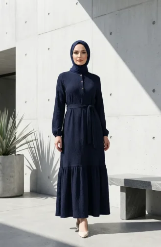 Robe Hijab Ceinturée En Crêpe Bleu Marine 2236-01 2236-01