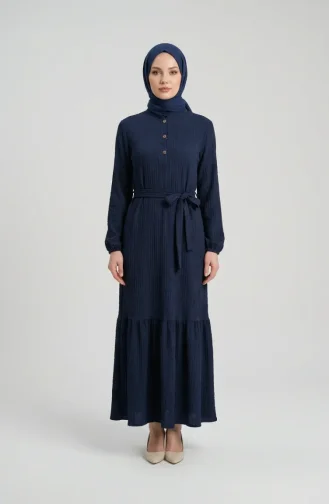 Robe Hijab Ceinturée En Crêpe Bleu Marine 2236-01 2236-01