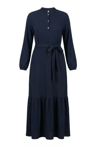 Robe Hijab Ceinturée En Crêpe Bleu Marine 2236-01 2236-01