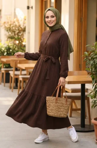 Robe Hijab Ceinturée En Crêpe Marron 2236-02 2236-02