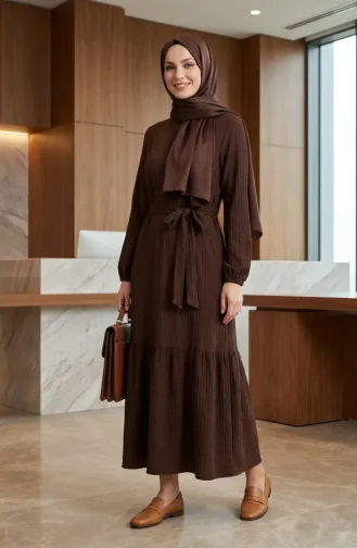 Robe Hijab Ceinturée En Crêpe Marron 2236-02 2236-02