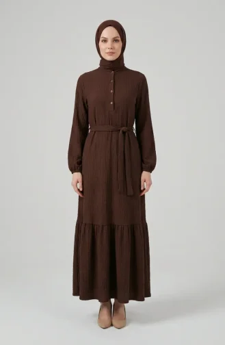 Robe Hijab Ceinturée En Crêpe Marron 2236-02 2236-02