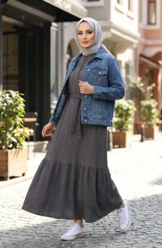 Robe Hijab Ceinturée En Crêpe Gris 2236-04 2236-04