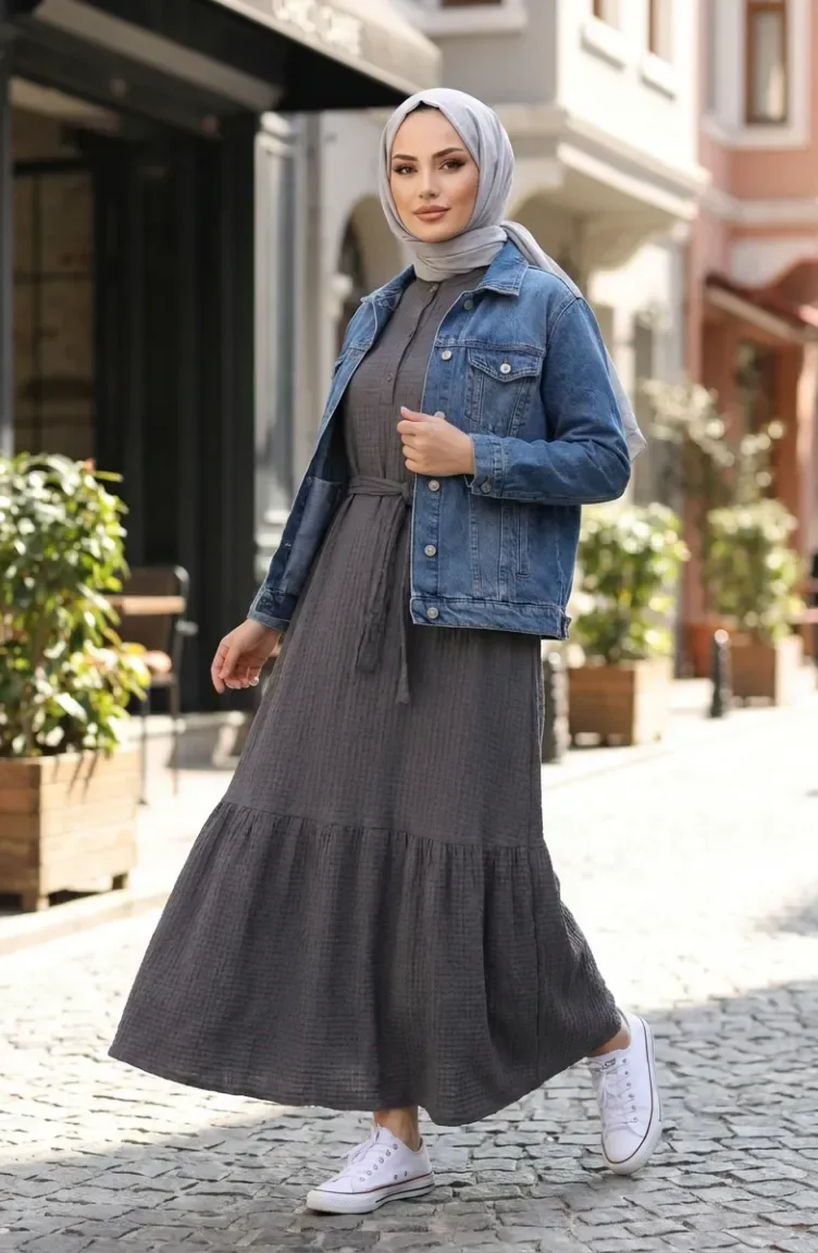 Robe Hijab Ceinturée En Crêpe Gris 2236-04 2236-04