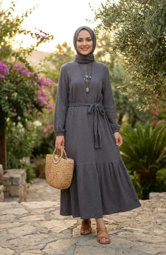Robe Hijab Ceinturée En Crêpe Gris 2236-04 2236-04