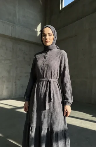 Robe Hijab Ceinturée En Crêpe Gris 2236-04 2236-04