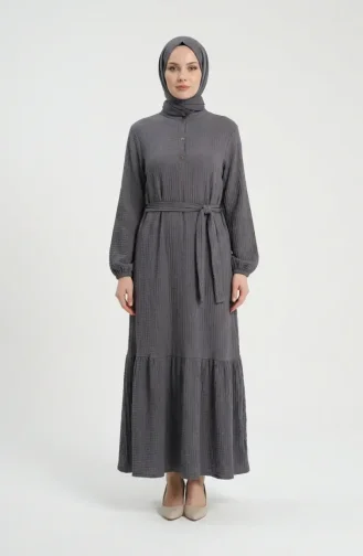 Robe Hijab Ceinturée En Crêpe Gris 2236-04 2236-04