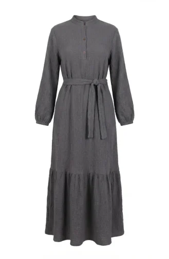 Robe Hijab Ceinturée En Crêpe Gris 2236-04 2236-04