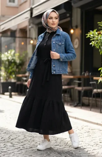 Crepe Fabric Belted Hijab Dress 2236-06 Black 2236-06