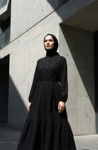 Crepe Fabric Belted Hijab Dress 2236-06 Black 2236-06