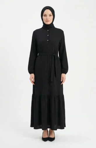 Crepe Fabric Belted Hijab Dress 2236-06 Black 2236-06