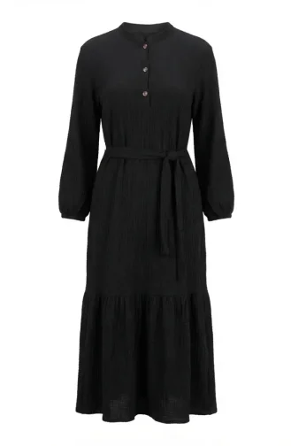 Crepe Fabric Belted Hijab Dress 2236-06 Black 2236-06