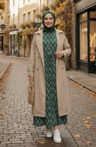 Robe Hijab En Viscose à Demi-boutons Et Motif Feuilles 2200-01 Kaki 2200-01