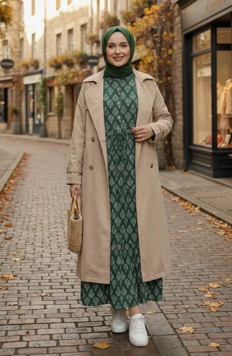 Robe Hijab En Viscose à Demi-boutons Et Motif Feuilles 2200-01 Kaki 2200-01