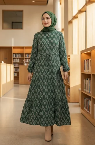 Robe Hijab En Viscose à Demi-boutons Et Motif Feuilles 2200-01 Kaki 2200-01