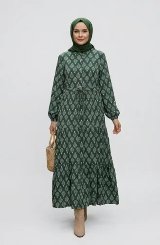 Robe Hijab En Viscose à Demi-boutons Et Motif Feuilles 2200-01 Kaki 2200-01