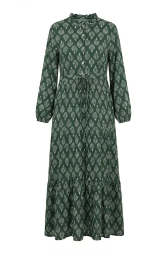 Robe Hijab En Viscose à Demi-boutons Et Motif Feuilles 2200-01 Kaki 2200-01
