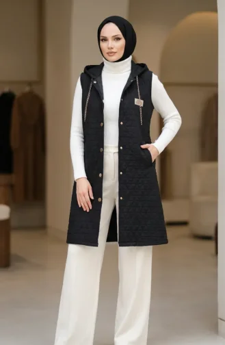 Hooded Quilted Vest With Chain Detail 2228-01 Black 2228-01