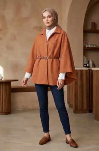 Bouclé Fabric Winter Poncho With Belt 2233-02 Terracotta 2233-02