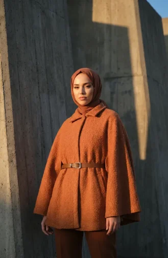 Bouclé Fabric Winter Poncho With Belt 2233-02 Terracotta 2233-02