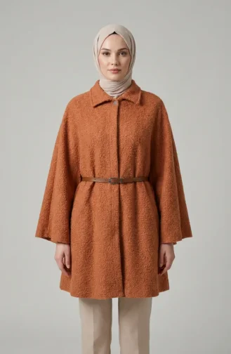 Bouclé Fabric Winter Poncho With Belt 2233-02 Terracotta 2233-02