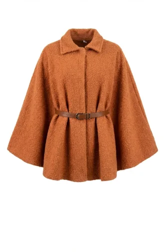 Bouclé Fabric Winter Poncho With Belt 2233-02 Terracotta 2233-02