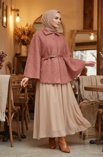Bouclé Fabric Winter Poncho With Belt 2233-03 Rose Pink 2233-03