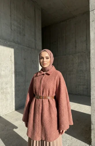 Bouclé Fabric Winter Poncho With Belt 2233-03 Rose Pink 2233-03