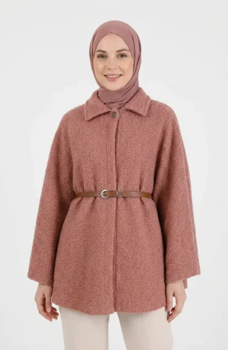 Bouclé Fabric Winter Poncho With Belt 2233-03 Rose Pink 2233-03