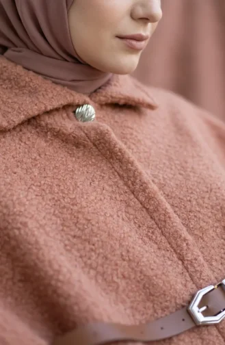 Bouclé Fabric Winter Poncho With Belt 2233-03 Rose Pink 2233-03