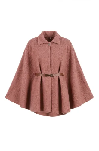 Bouclé Fabric Winter Poncho With Belt 2233-03 Rose Pink 2233-03