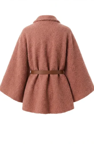 Bouclé Fabric Winter Poncho With Belt 2233-03 Rose Pink 2233-03