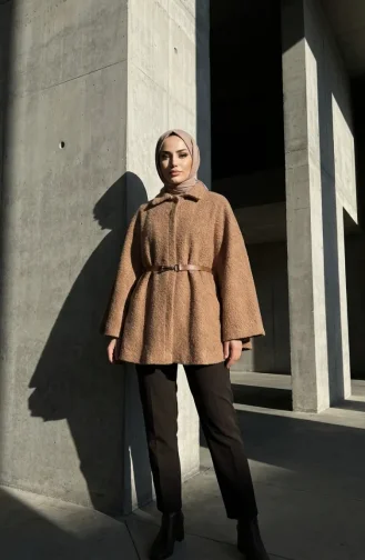 Winterponcho Van Boucléstof Met Riem 2233-04 Melk Koffie 2233-04
