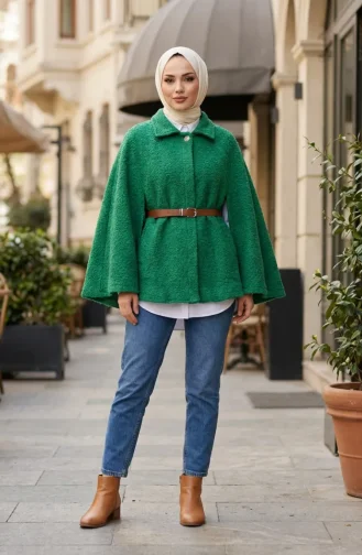 Bouclé Fabric Winter Poncho With Belt 2233-05 Green 2233-05