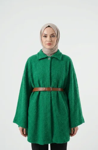 Bouclé Fabric Winter Poncho With Belt 2233-05 Green 2233-05
