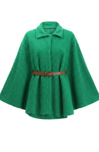 Bouclé Fabric Winter Poncho With Belt 2233-05 Green 2233-05