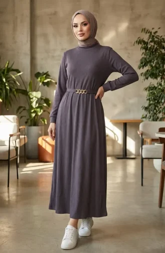 Robe Hijab Côtelée à Ceinture 2226-02 Gris 2226-02