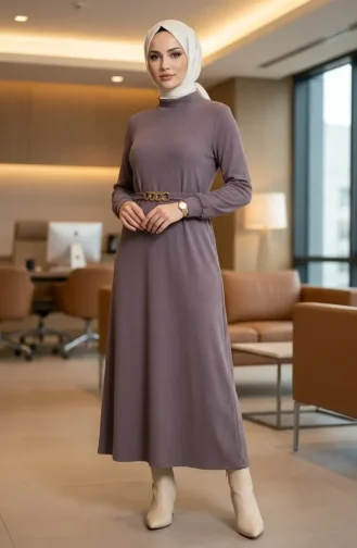 Robe Hijab Côtelée à Ceinture 2226-02 Gris 2226-02