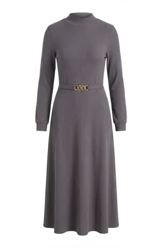 Robe Hijab Côtelée à Ceinture 2226-02 Gris 2226-02