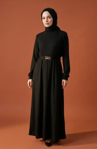 فستان حجاب أسود مضلع بحزام 2226-04 2226-04