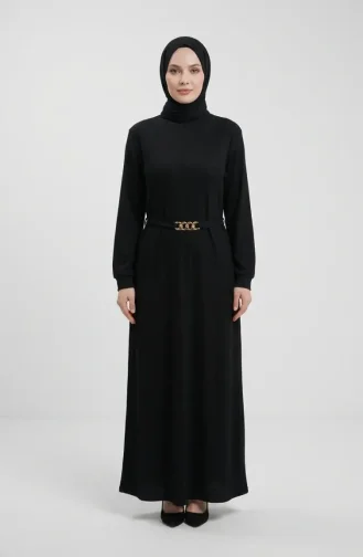 فستان حجاب أسود مضلع بحزام 2226-04 2226-04
